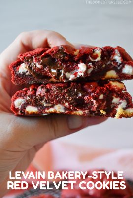 author holding a split open levain bakery-style red velvet cookie