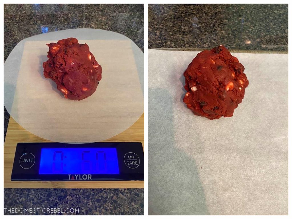 a collage of a red velvet cookie ball on a scale and on a cookie sheet