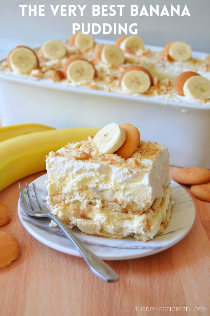 banana pudding slice on a white plate with a silver fork