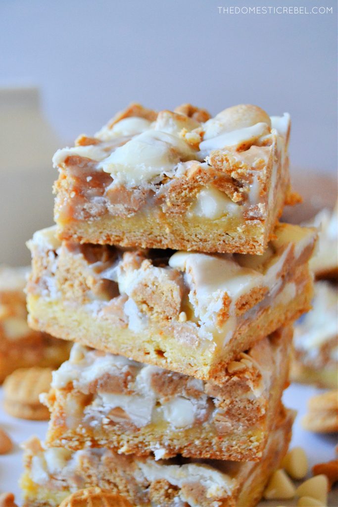 four high stack of white choc nutter butter magic bars 