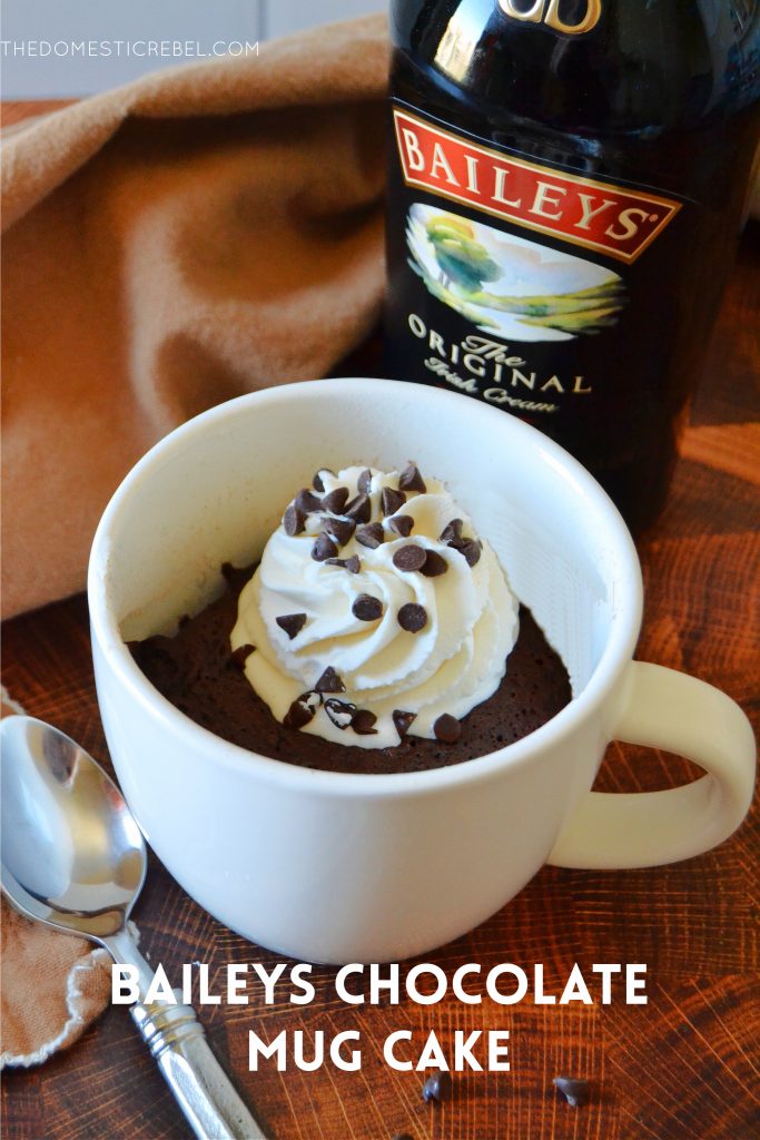 baileys chocolate mug cake in a white coffee mug