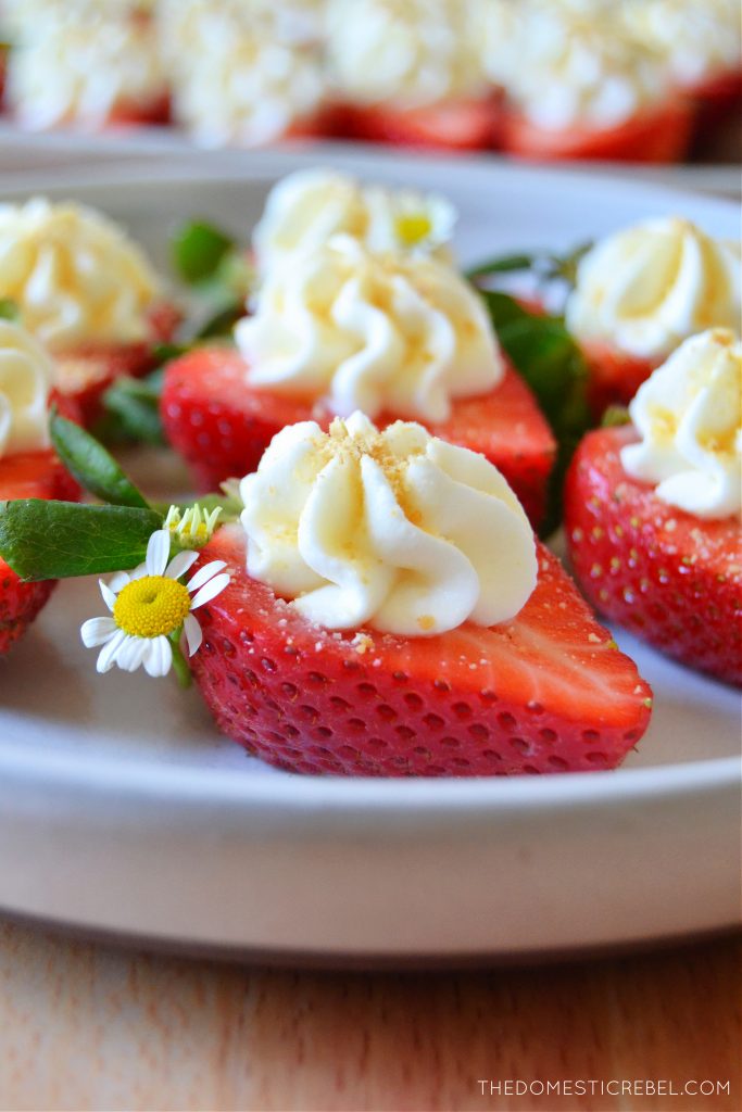 a white plate with cheesecake deviled strawberries on it