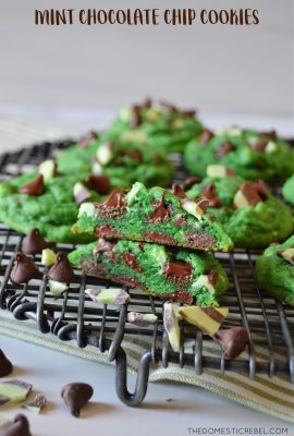 mint chocolate chip cookies arranged on a black wire rack