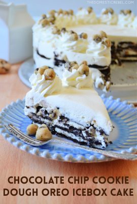 cookie dough icebox oreo cake on a blue and white fluted plate with a fork