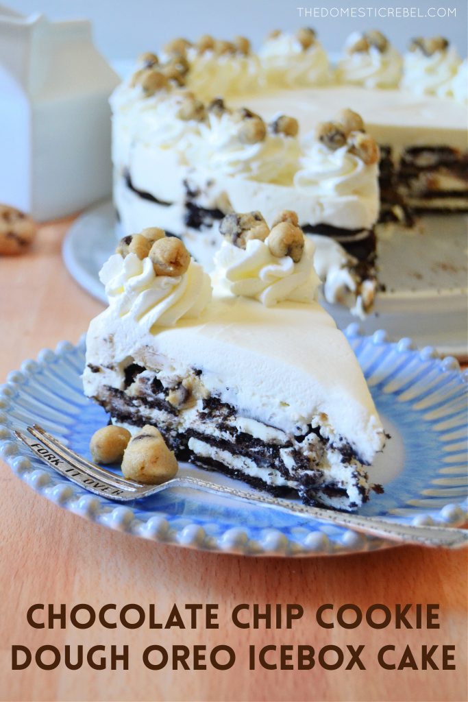 a slice of cookie dough oreo icebox cake on a blue and white ruffle plate with a fork