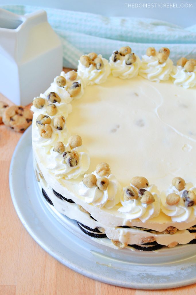 a beautiful cookie dough oreo icebox cake on a silver tray