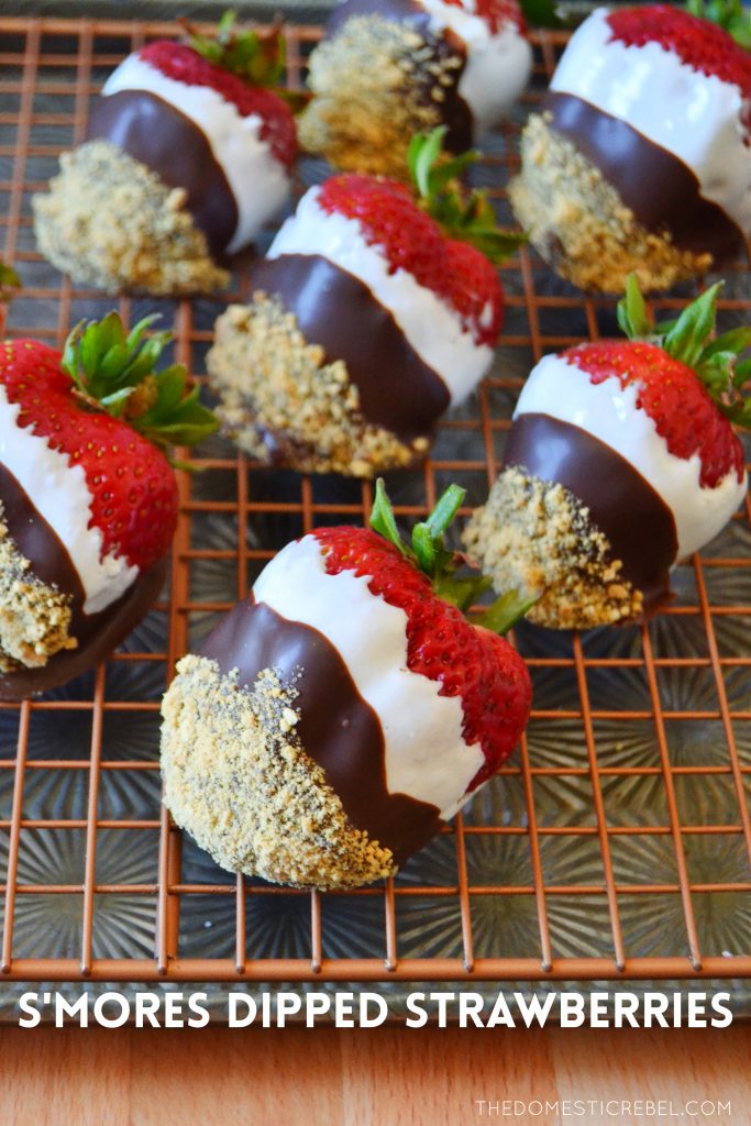 s'mores dipped strawberries on a gold wire rack