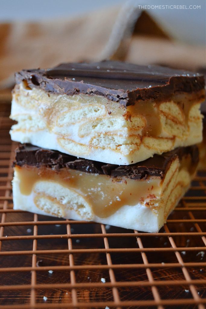 a closeup stack of two marshmallow twix bars