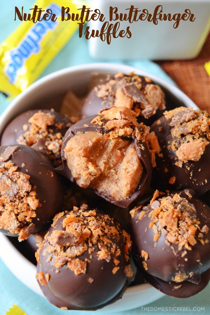nutter butter butterfinger truffles in a white bowl with a butterfinger candy wrapper in the background