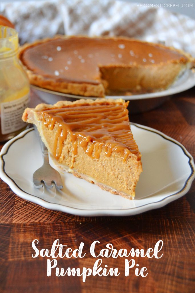 a piece of salted caramel pumpkin pie on a small white plate with a silver fork