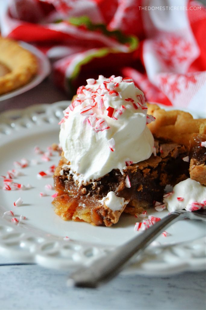 photo of a piece of chocolate peppermint pie with a bite missing on a white plate