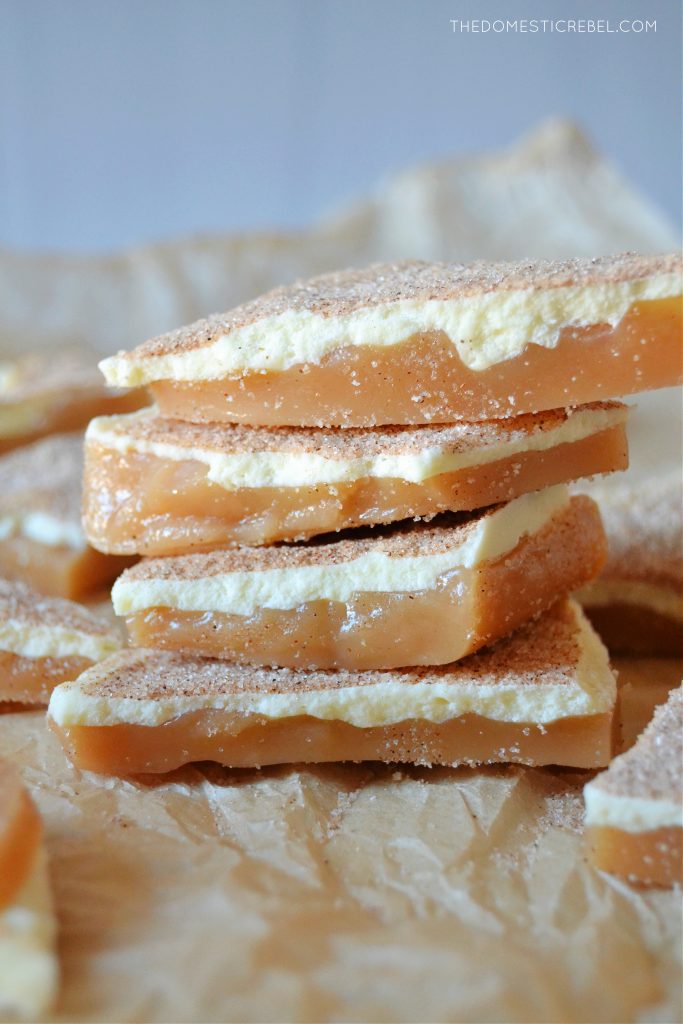 four pieces of churro toffee stacked vertically 