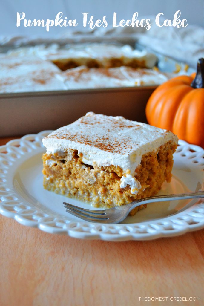 pumpkin spice tres leches cake slice on a white lace plate