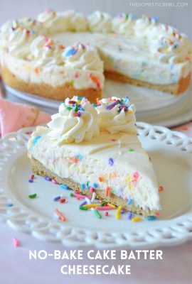 a piece of cake batter confetti cheesecake on a lacy white plate with sprinkles