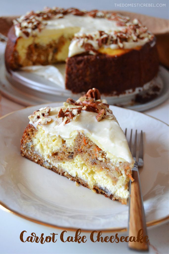 a piece of carrot cake cheesecake on a white plate with a wooden fork