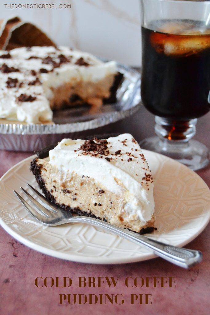 a slice of cold brew coffee pie on a white plate with a silver fork and the whole pie in the background