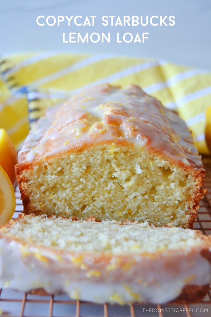 a photo of a starbucks lemon loaf with the end of the loaf cut off of it and a yellow dish cloth in the background