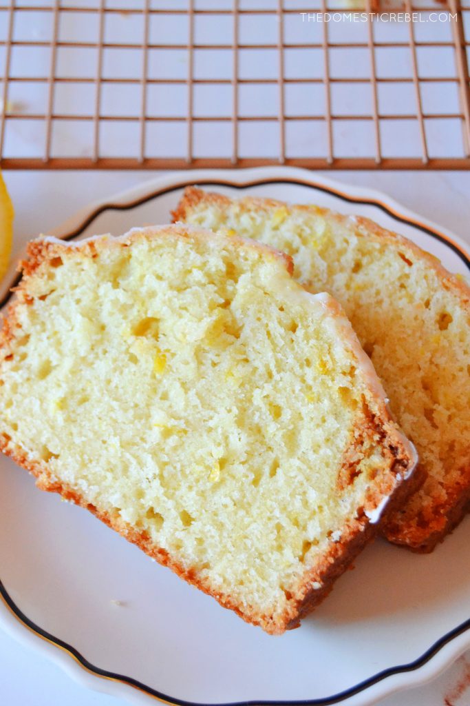 two slices of lemon loaf on a white plate