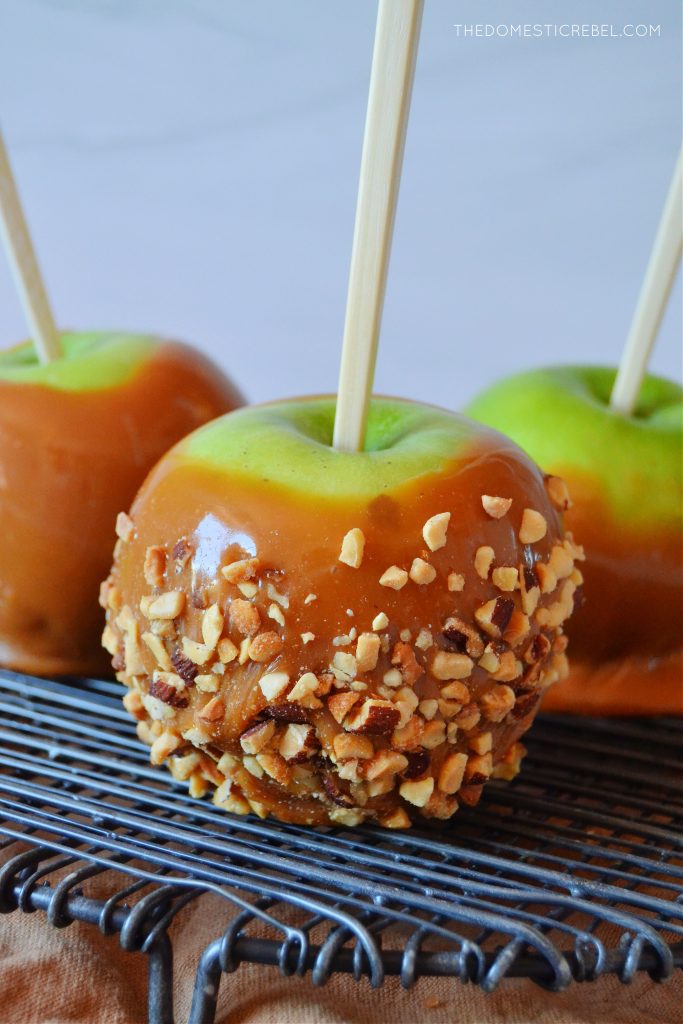 a peanut caramel apple on a black wire rack with caramel apples in the background
