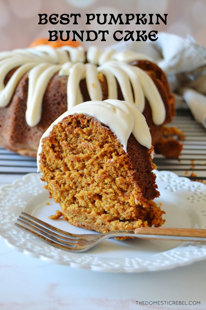 a photo of a slice of pumpkin bundt cake on a white ceramic plate with the whole cake in the background
