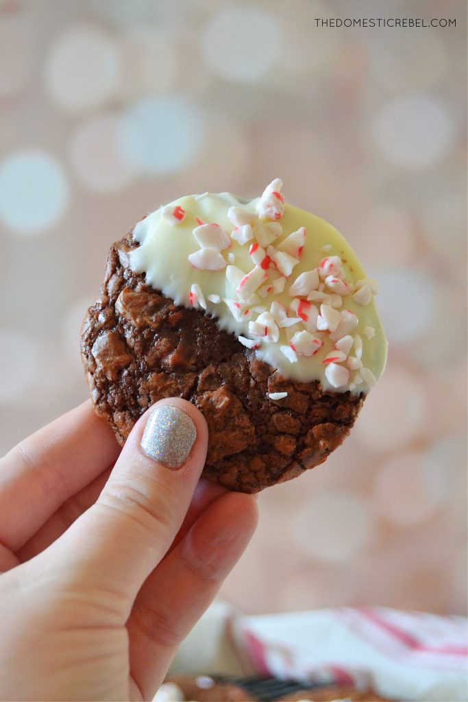 author holding a peppermint bark brownie cookie