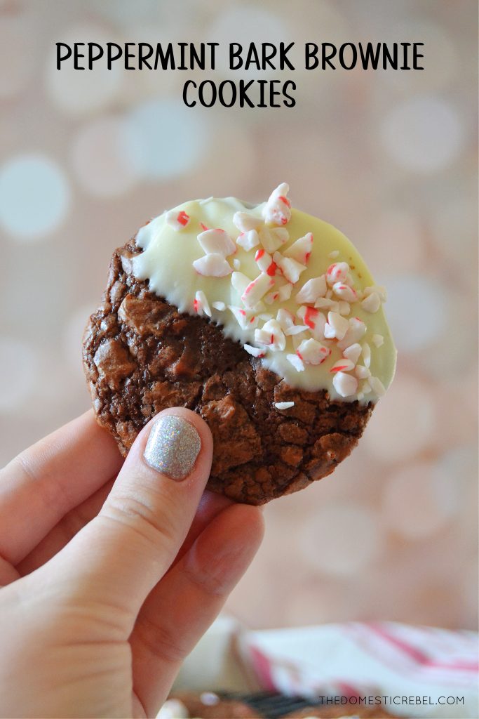 author holding a single peppermint bark brownie cookie to show texture and detail