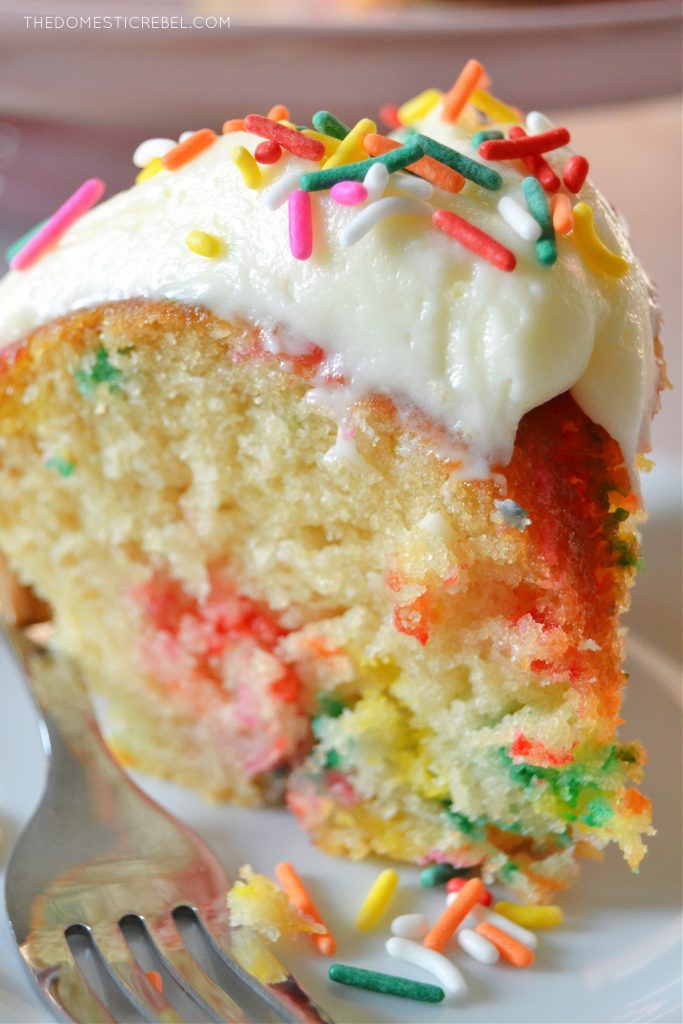a super close up of a slice of funfetti bundt cake to show the texture and detail in the cake