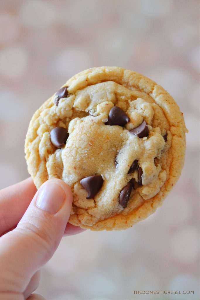 The author is holding a brown butter chocolate chip cookie against a lighter beige background.