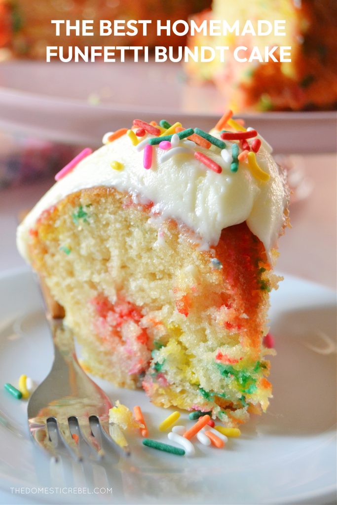 a slice of funfetti bundt cake on a white plate with a silver fork next to it
