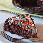 a slice of chocolate snack cake with rainbow sprinkles sits on a mini white plate with a fork.