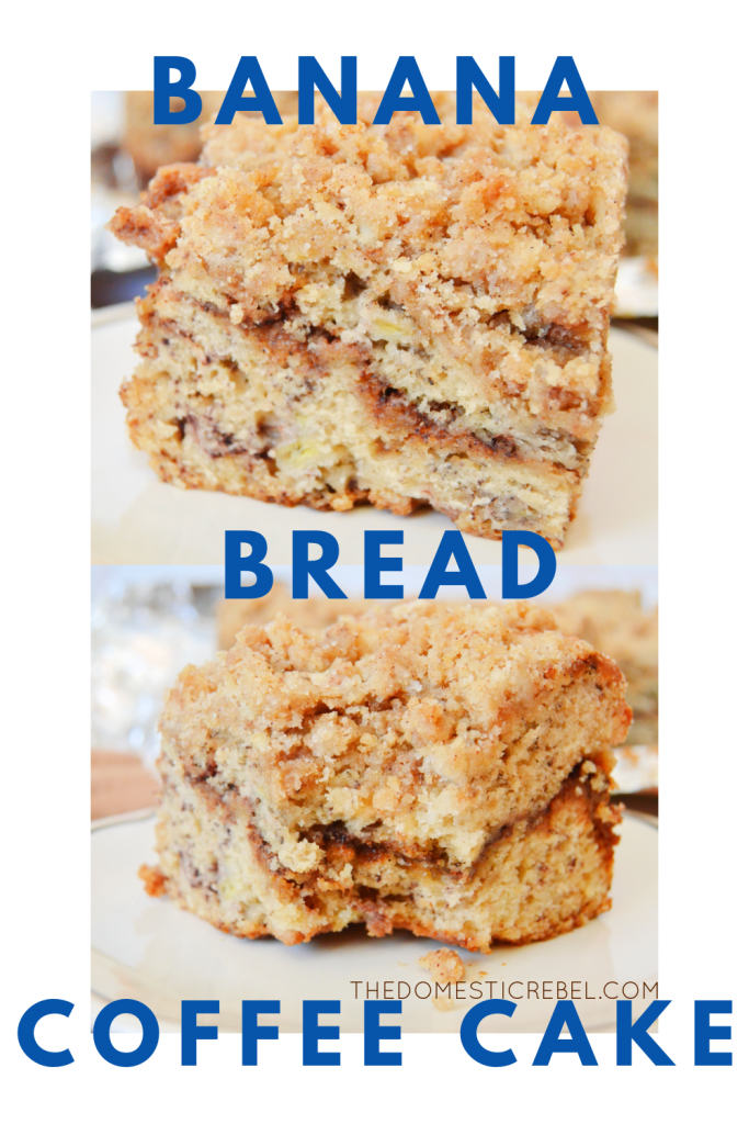 a pinterest-type collage image of two pieces of banana bread coffee cake with text that says "banana bread coffee cake"