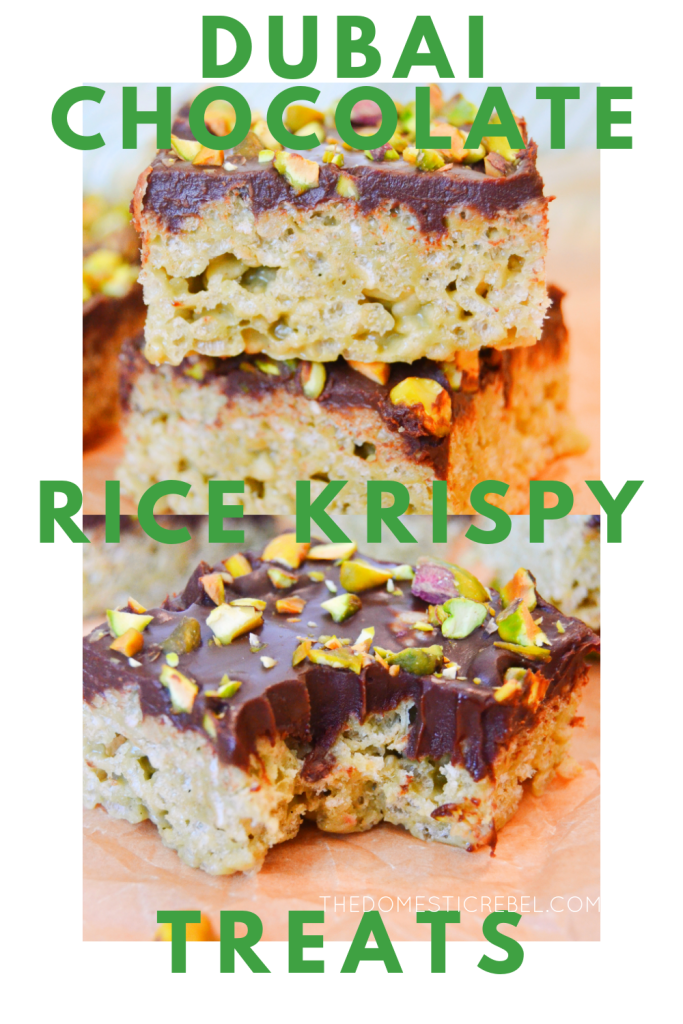 a pinterest-style collage image of two photos of dubai-style chocolate rice krispy treats.
